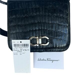 Salvatore Ferragamo Black Croc Embossed Crossbody Bag